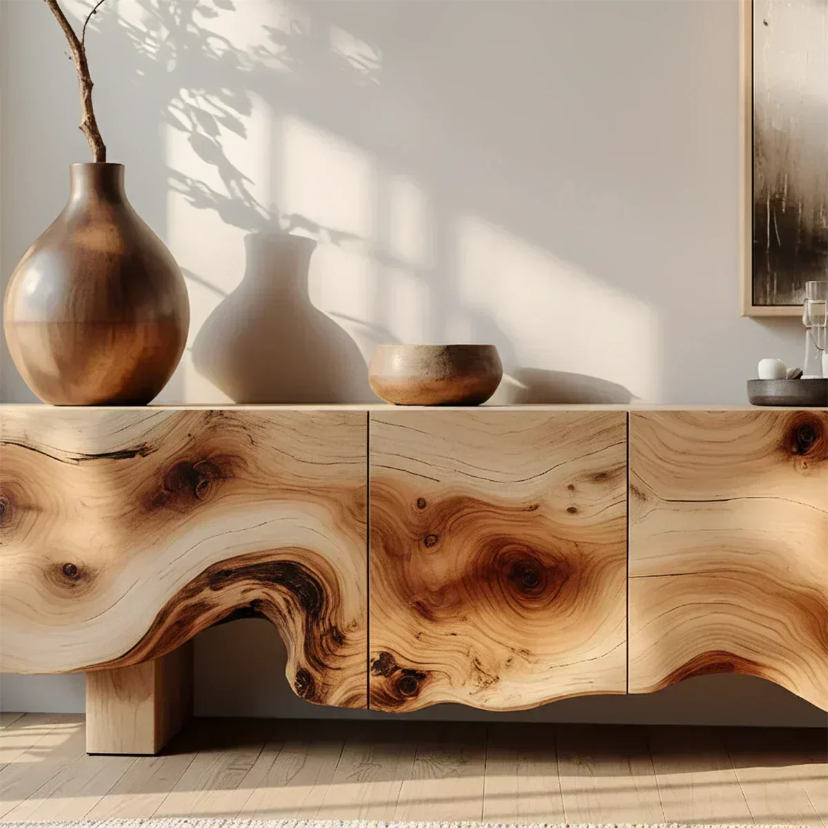 Natural Burl Flow Solid Wood TV Console – Wabi Sabi Organic Design - Rustiracraft