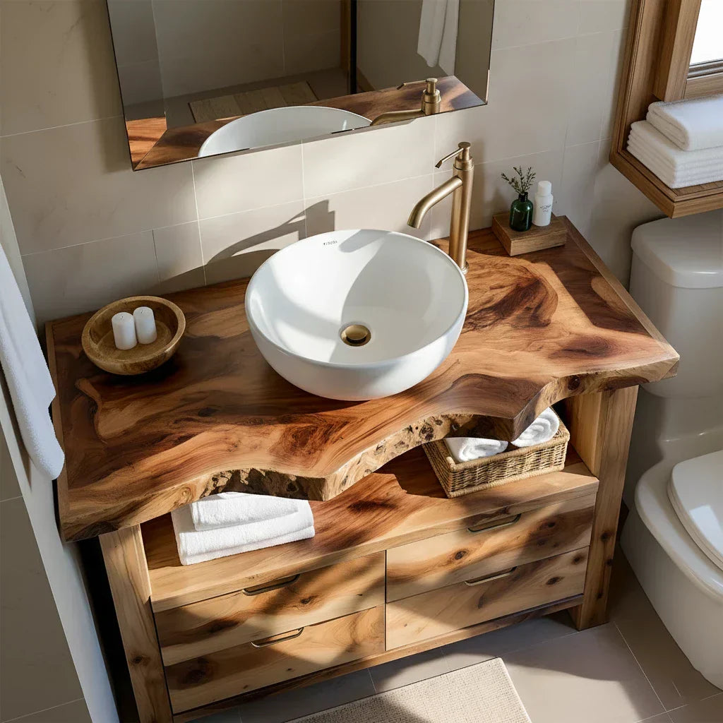 Natural Solid Wood Bathroom Vanity – Wabi-Sabi Live Edge Style - Rustiracraft