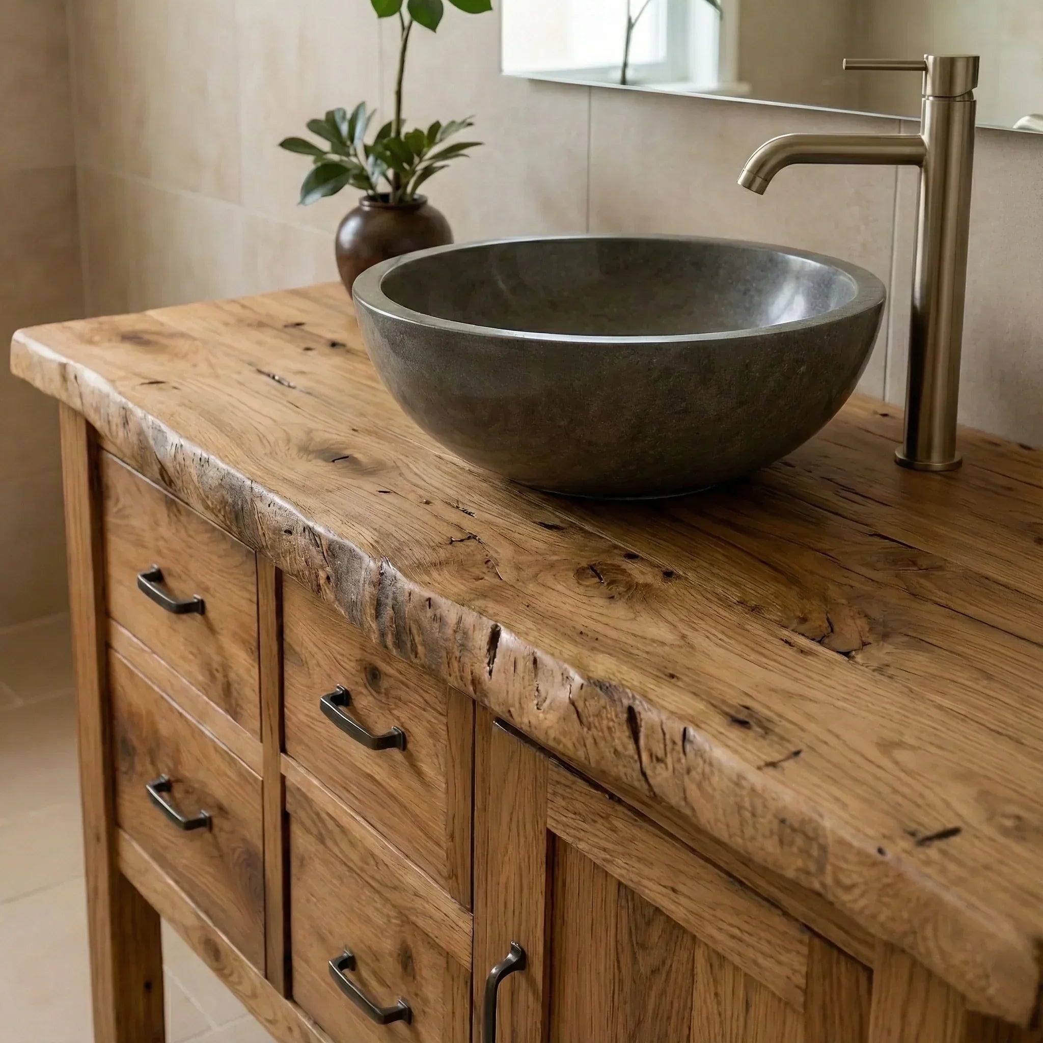 Natural Solid Wood Bathroom Vanity with Drawers & Cabinet — Handcrafted Wabi Sabi Design - Rustiracraft