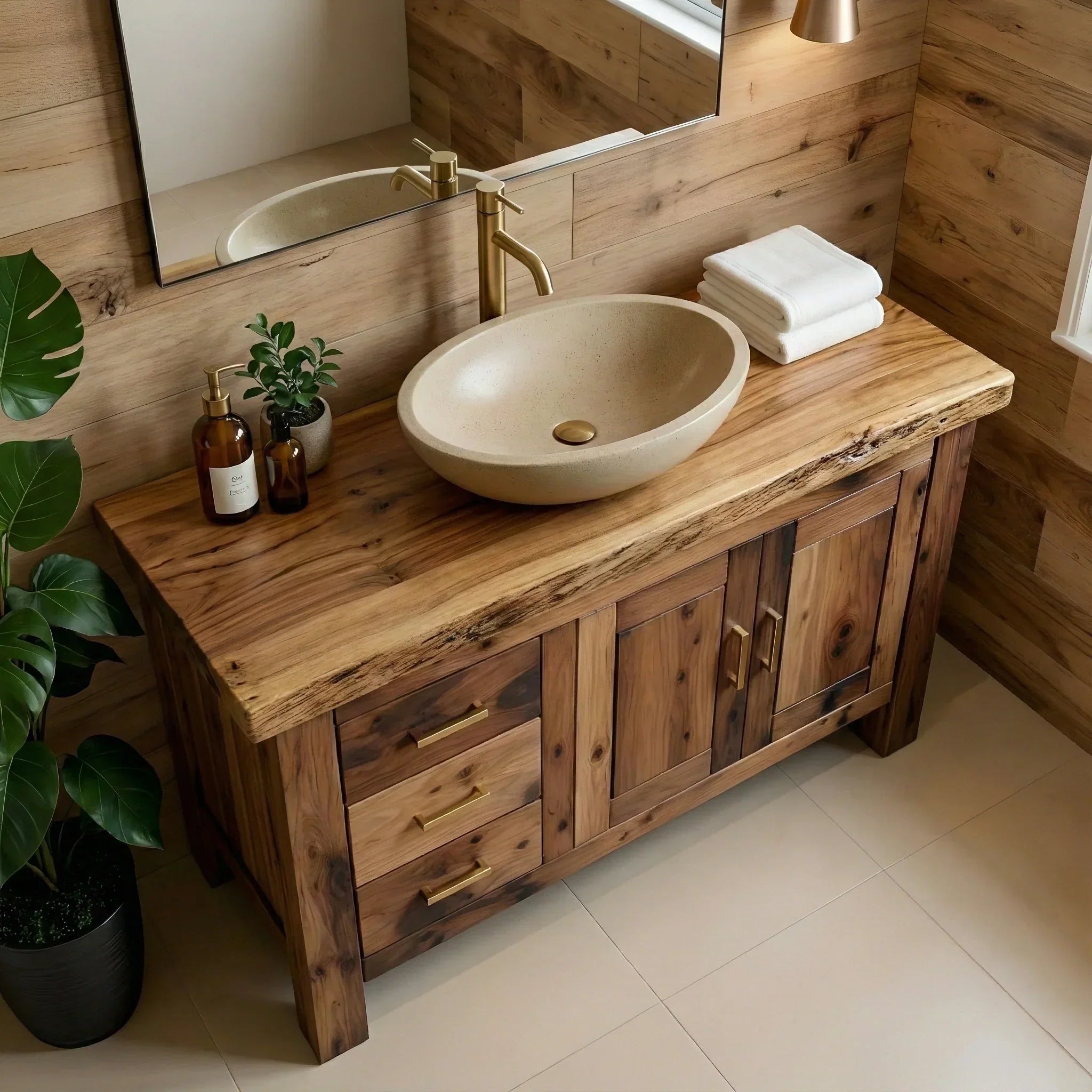 Natural Solid Wood Bathroom Vanity with Drawers & Cabinet — Handcrafted Wabi Sabi Design - Rustiracraft