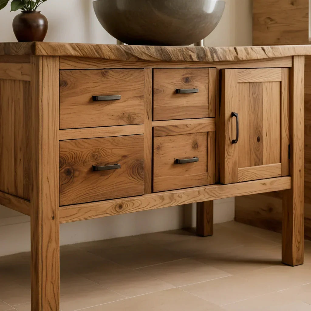 Natural Solid Wood Bathroom Vanity with Drawers & Cabinet — Handcrafted Wabi Sabi Design - Rustiracraft