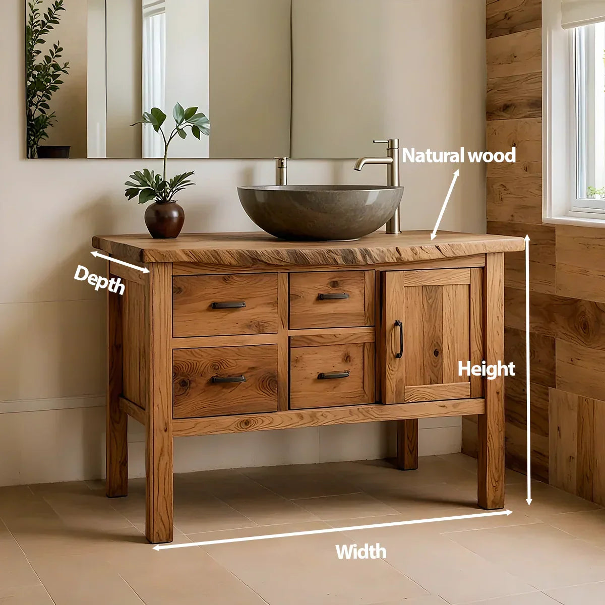 Natural Solid Wood Bathroom Vanity with Drawers & Cabinet — Handcrafted Wabi Sabi Design - Rustiracraft