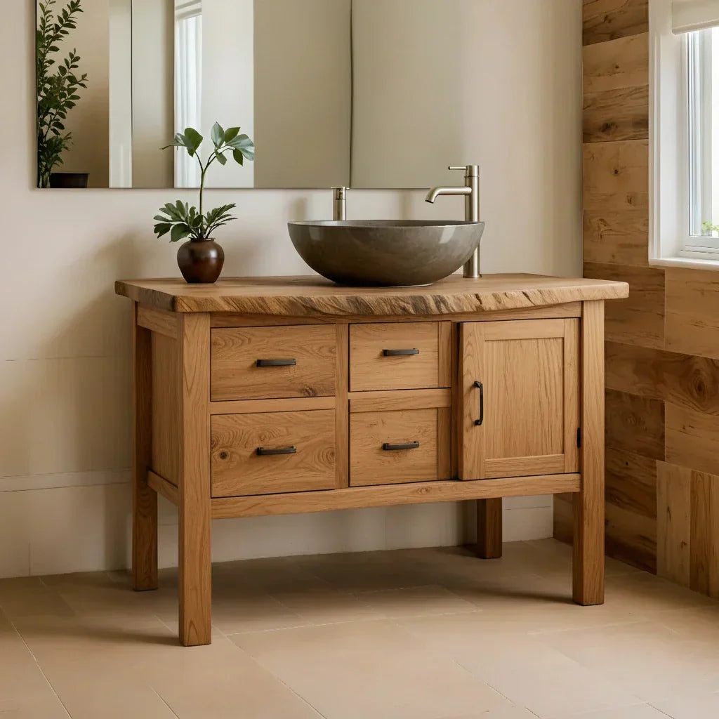 Natural Solid Wood Bathroom Vanity with Drawers & Cabinet — Handcrafted Wabi Sabi Design - Rustiracraft