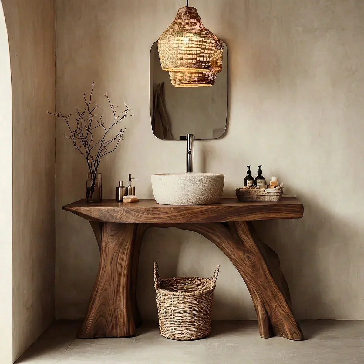Natural Solid Wood Bathroom Vanity with Sculpted Root Base - Rustiracraft