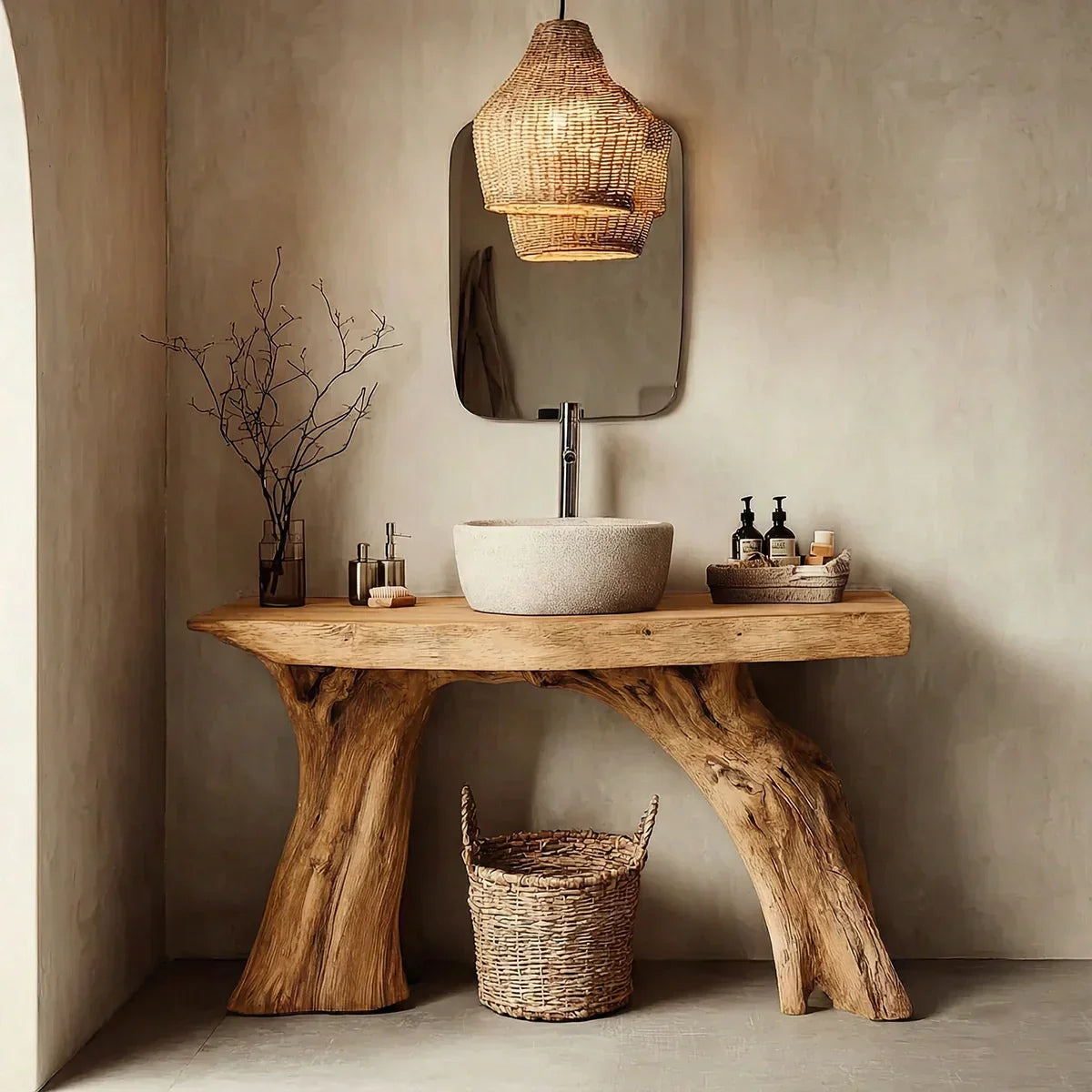 Natural Solid Wood Bathroom Vanity with Sculpted Root Base - Rustiracraft