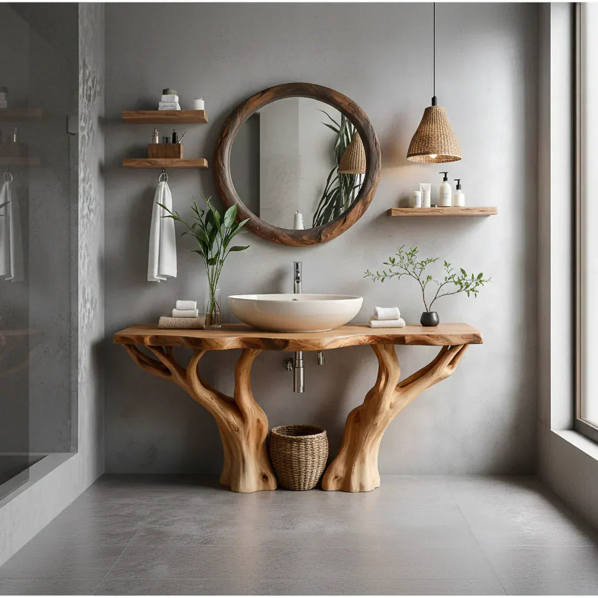 Natural Solid Wood Bathroom Vanity with Tree-Form Base - Rustiracraft