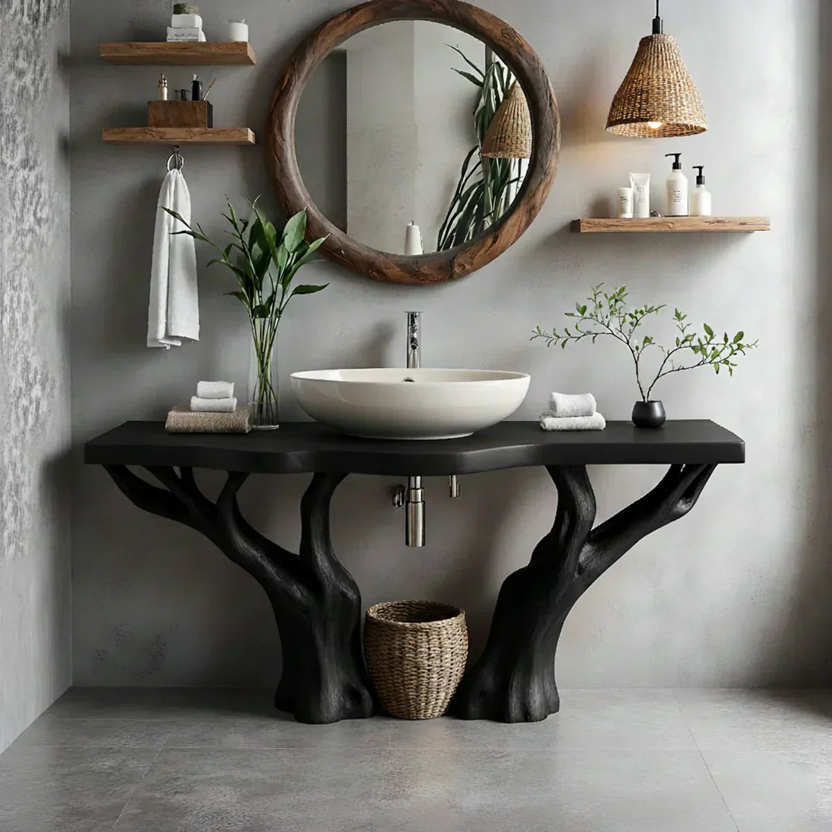 Natural Solid Wood Bathroom Vanity with Tree-Form Base - Rustiracraft