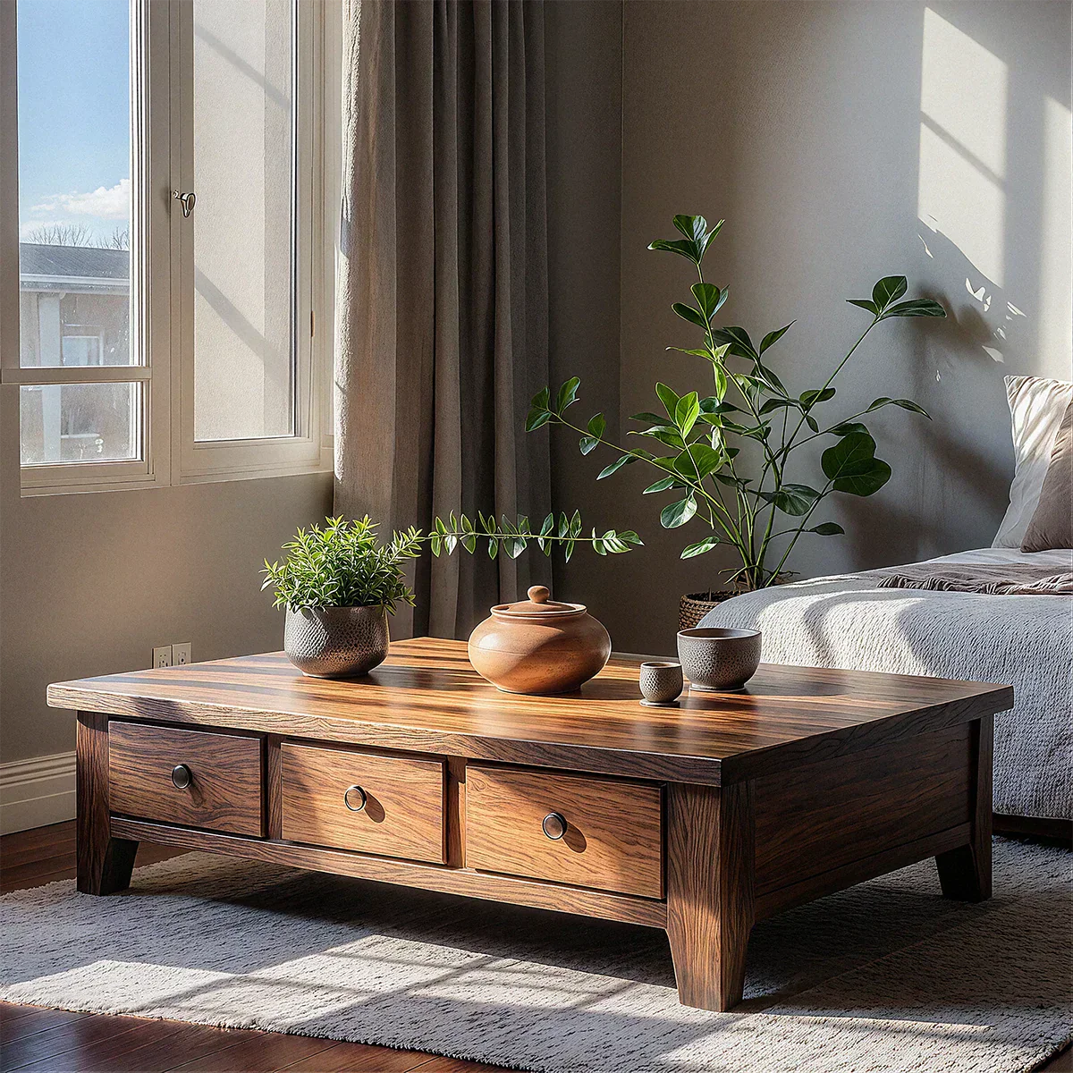 Natural Solid Wood Coffee Table with Drawers – Walnut Finish Japandi Low Storage Table - Rustiracraft