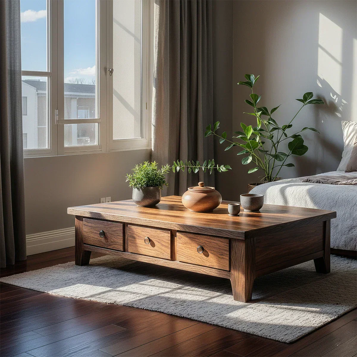 Natural Solid Wood Coffee Table with Drawers – Walnut Finish Japandi Low Storage Table - Rustiracraft