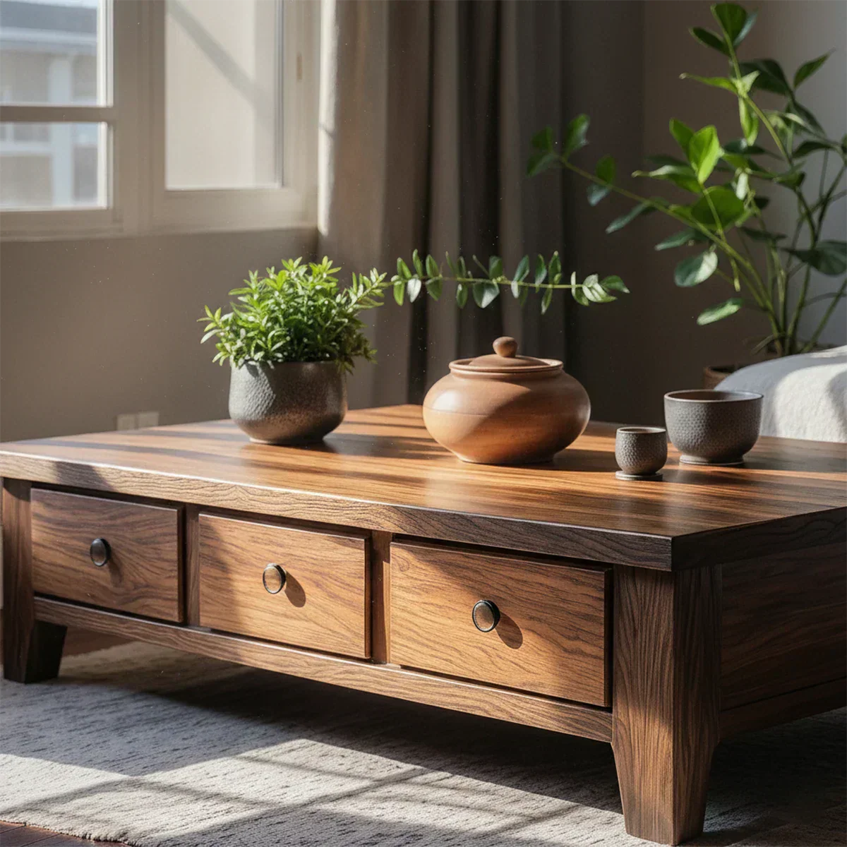 Natural Solid Wood Coffee Table with Drawers – Walnut Finish Japandi Low Storage Table - Rustiracraft