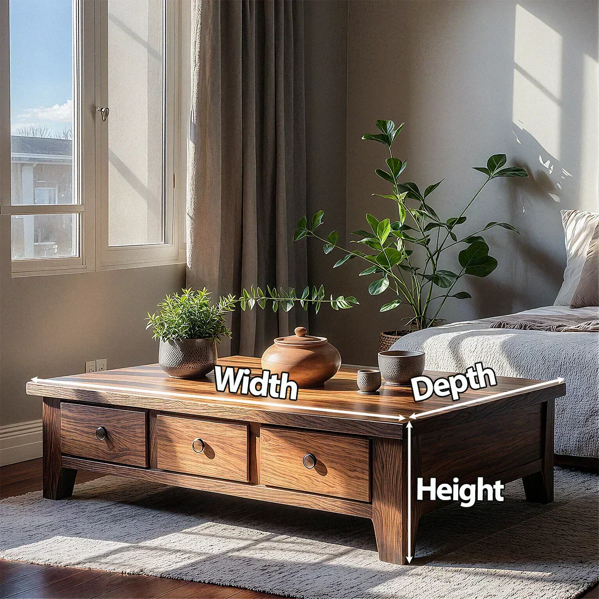 Natural Solid Wood Coffee Table with Drawers – Walnut Finish Japandi Low Storage Table - Rustiracraft