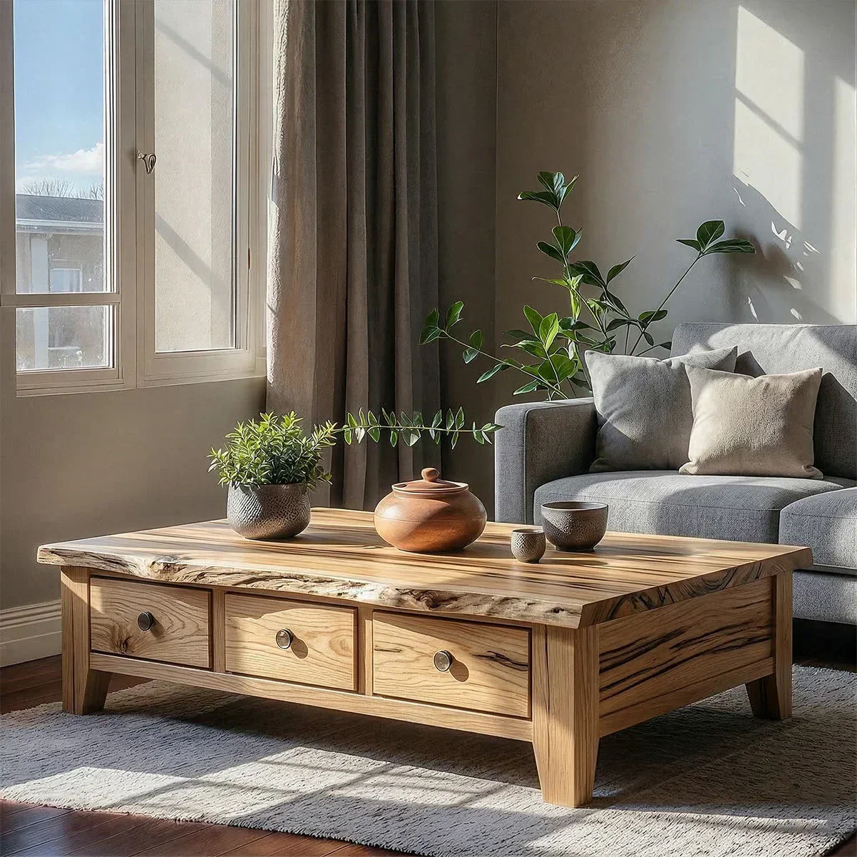 Natural Solid Wood Coffee Table with Drawers – Walnut Finish Japandi Low Storage Table - Rustiracraft