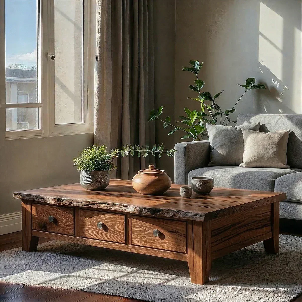 Natural Solid Wood Coffee Table with Drawers – Walnut Finish Japandi Low Storage Table - Rustiracraft