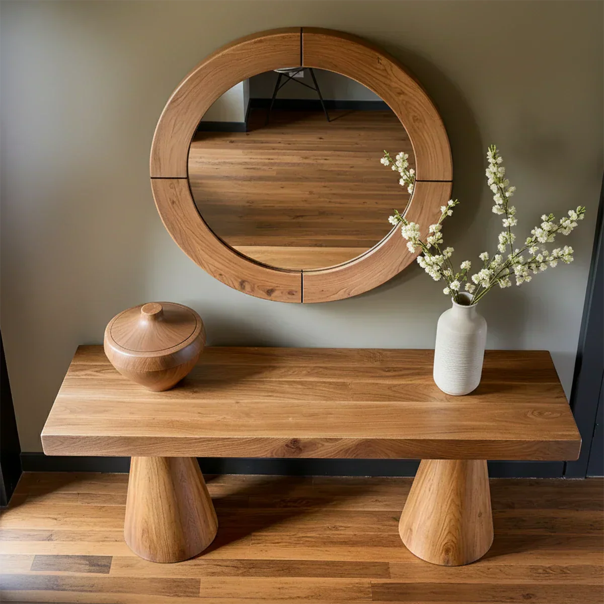 Natural Solid Wood Console with Tapered Sculptural Bases – Modern Japandi - Rustiracraft