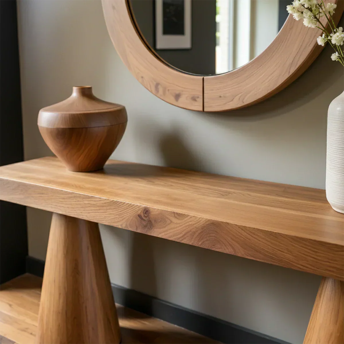 Natural Solid Wood Console with Tapered Sculptural Bases – Modern Japandi - Rustiracraft