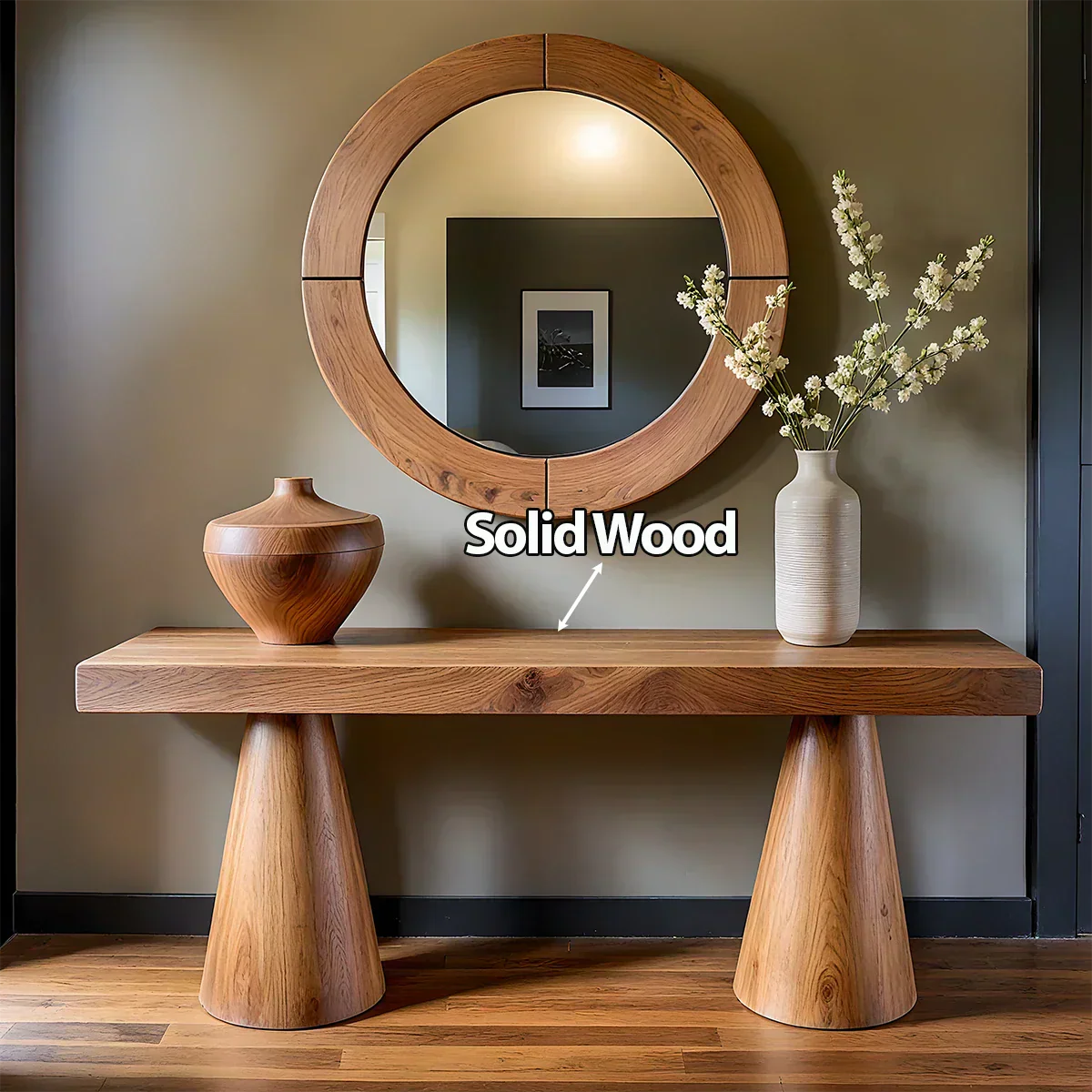 Natural Solid Wood Console with Tapered Sculptural Bases – Modern Japandi - Rustiracraft