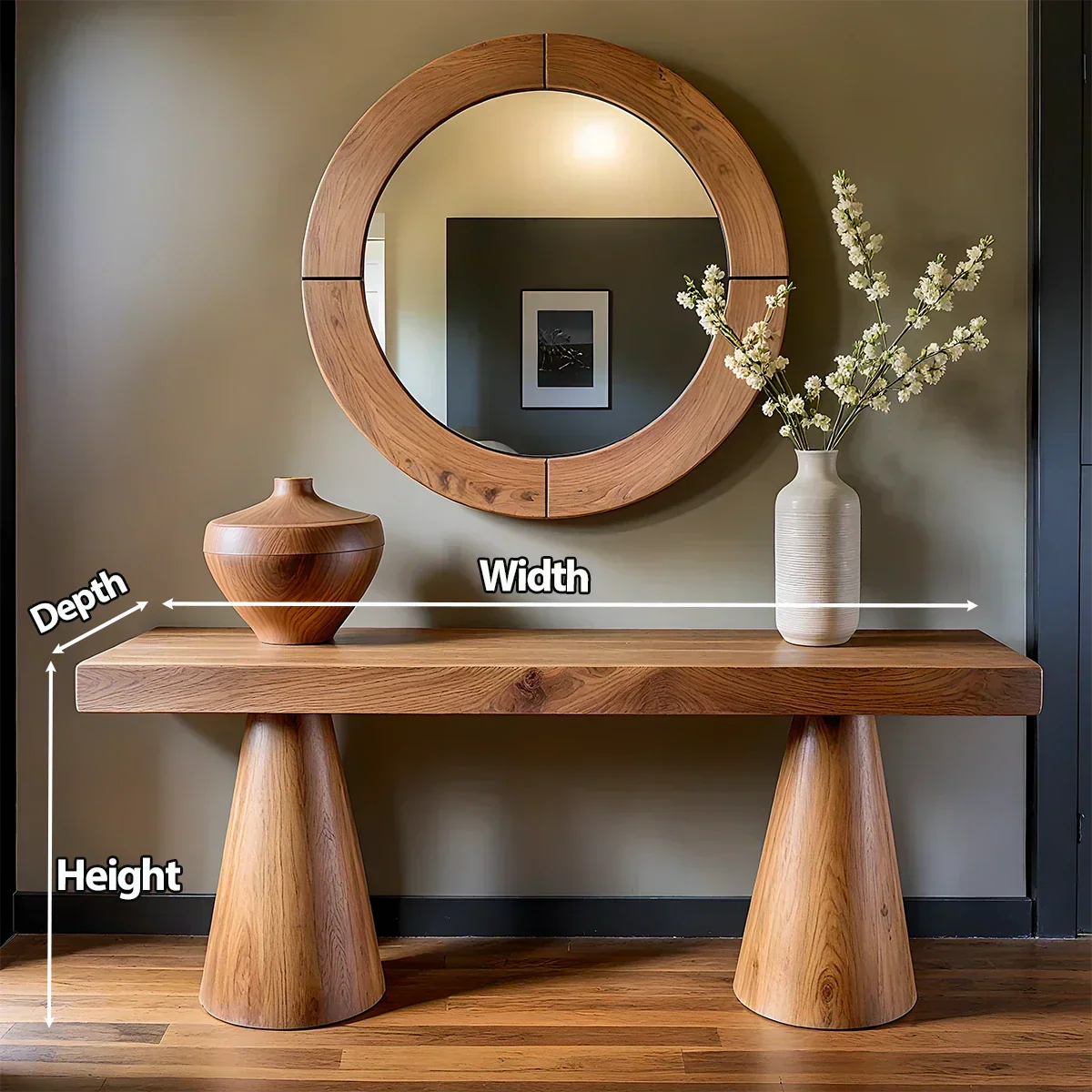 Natural Solid Wood Console with Tapered Sculptural Bases – Modern Japandi - Rustiracraft