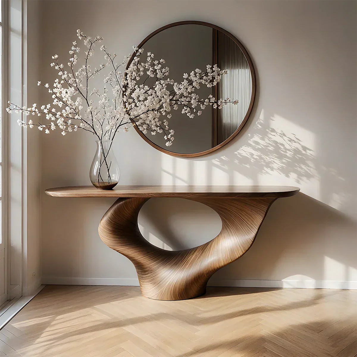 Natural Solid Wood Curved Sculptural Console – Japandi Modern Elegance - Rustiracraft