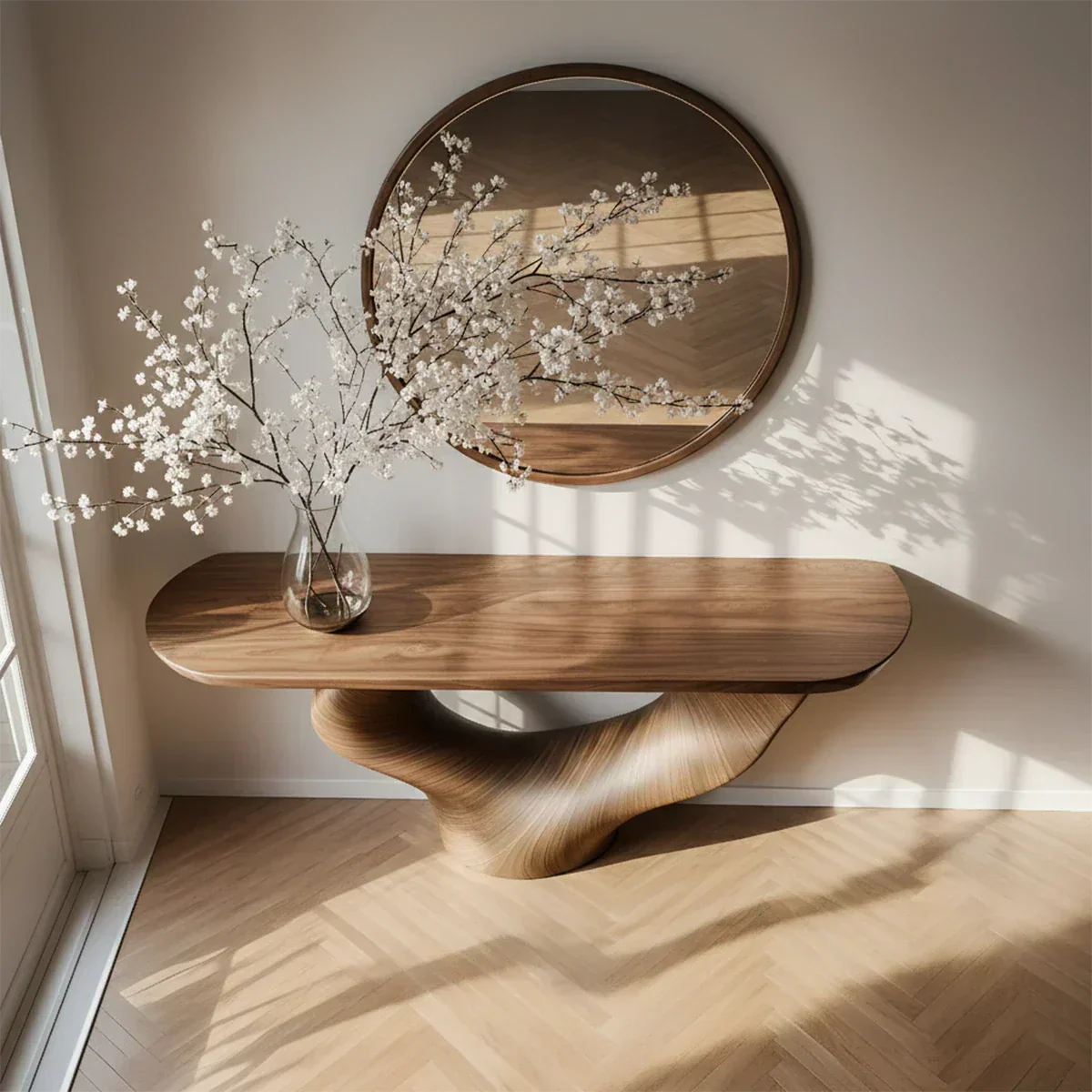 Natural Solid Wood Curved Sculptural Console – Japandi Modern Elegance - Rustiracraft
