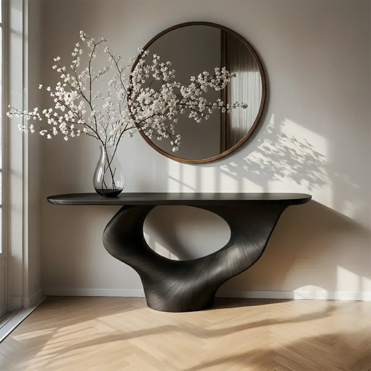 Natural Solid Wood Curved Sculptural Console – Japandi Modern Elegance - Rustiracraft