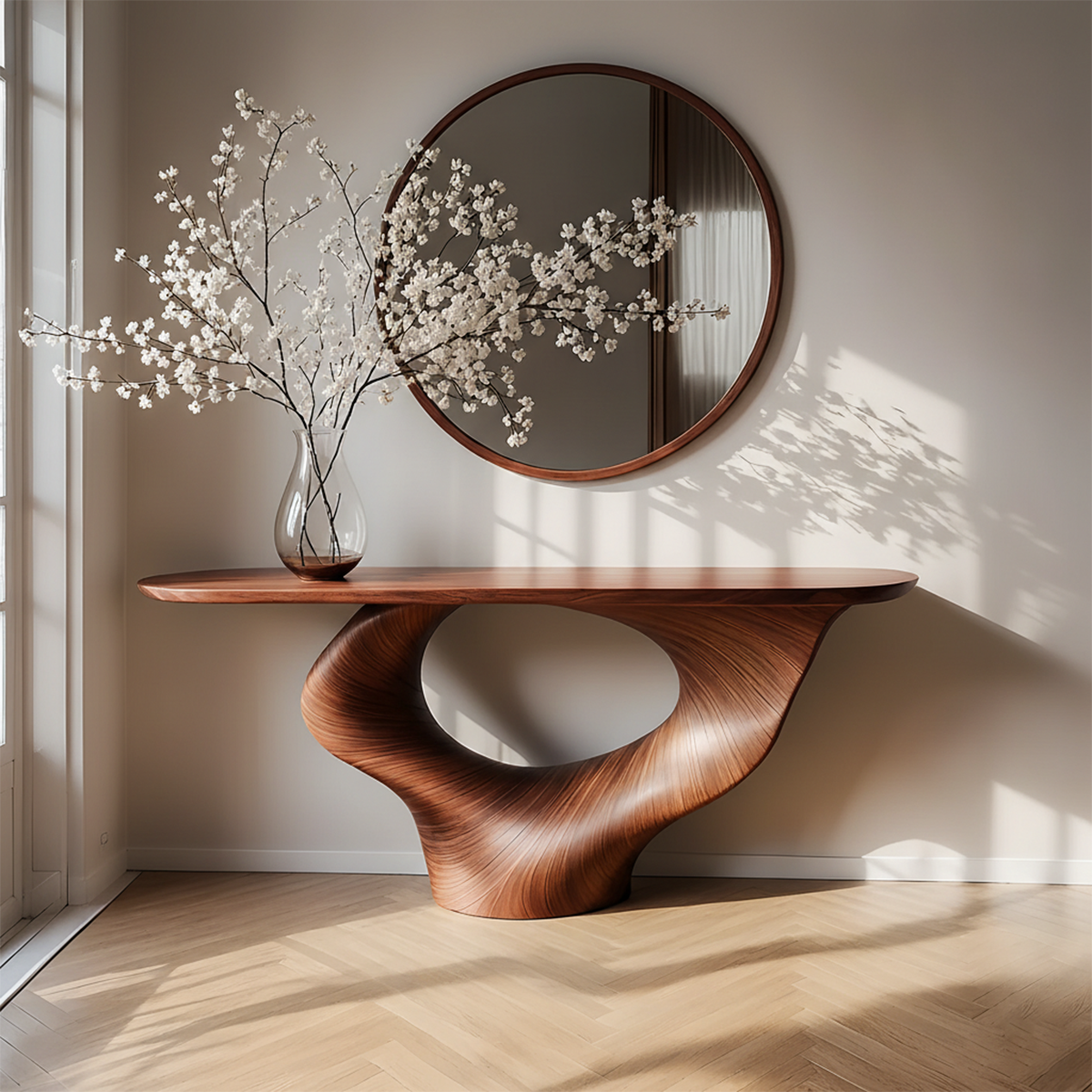 Natural Solid Wood Curved Sculptural Console – Japandi Modern Elegance - Rustiracraft