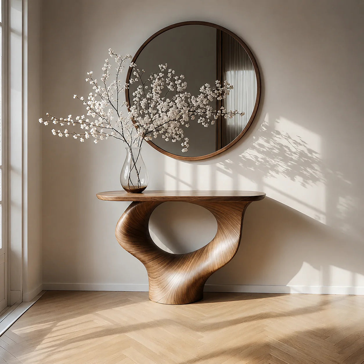 Natural Solid Wood Curved Sculptural Console – Japandi Modern Elegance - Rustiracraft