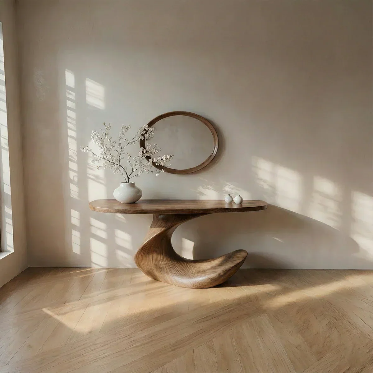 Natural Solid Wood Curved Sculptural Console in Modern Flow Design - Rustiracraft
