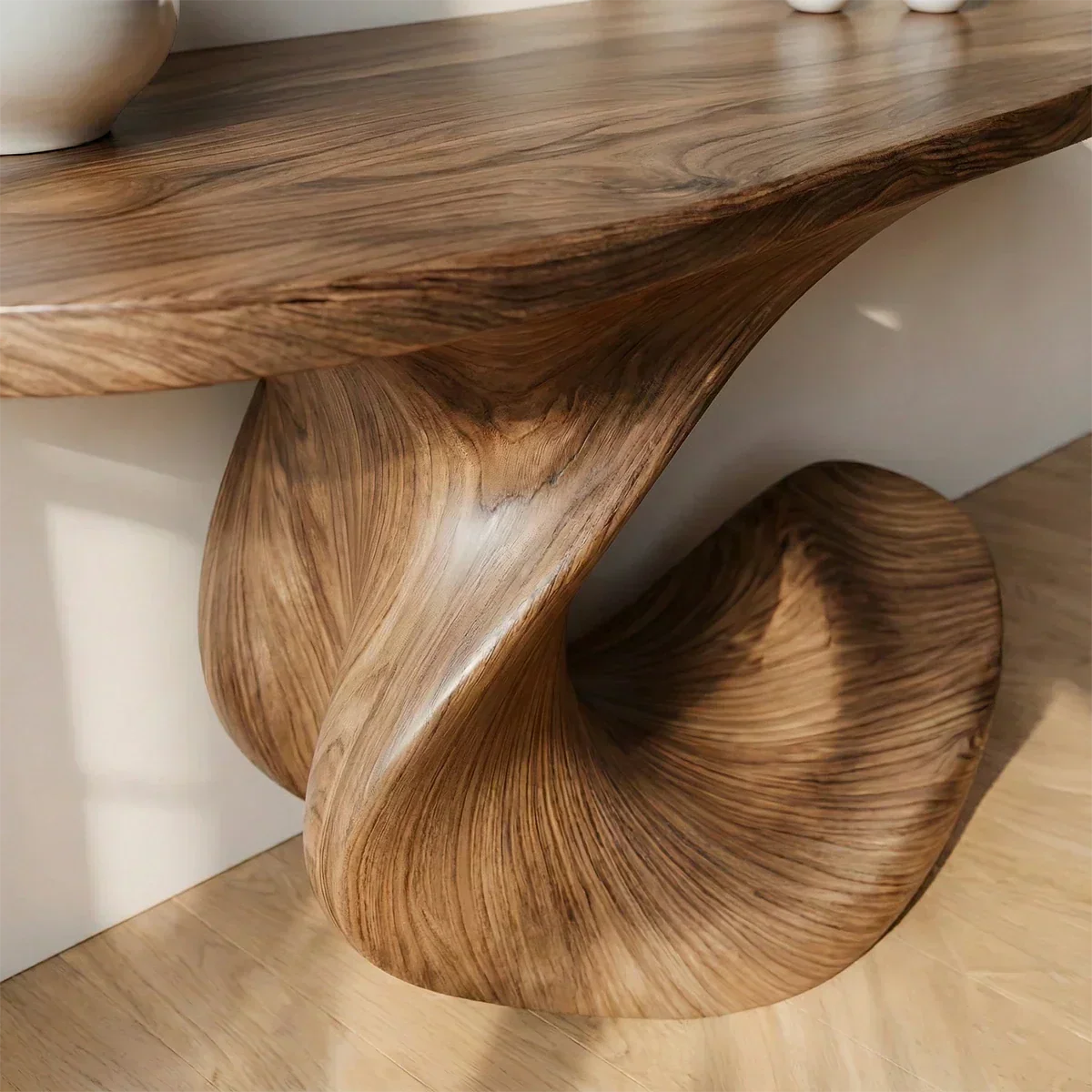 Natural Solid Wood Curved Sculptural Console in Modern Flow Design - Rustiracraft