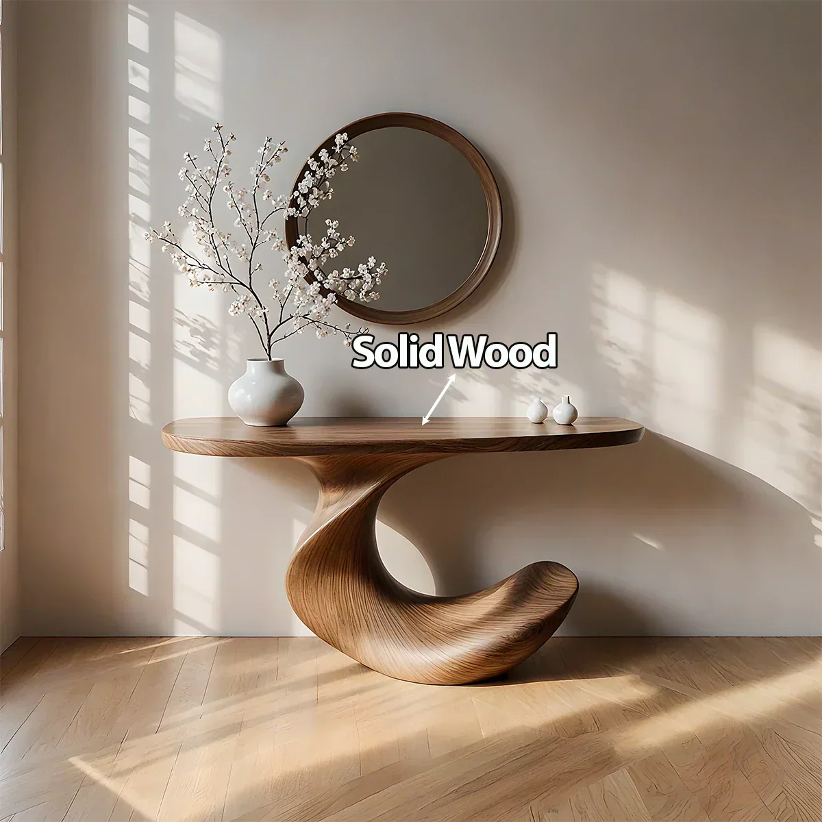Natural Solid Wood Curved Sculptural Console in Modern Flow Design - Rustiracraft