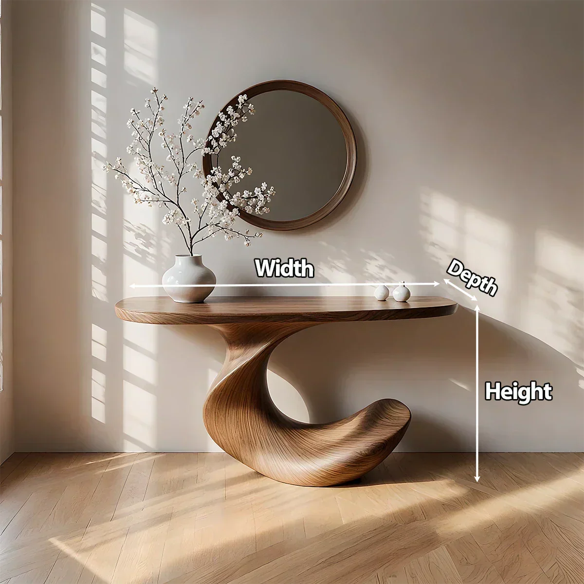Natural Solid Wood Curved Sculptural Console in Modern Flow Design - Rustiracraft