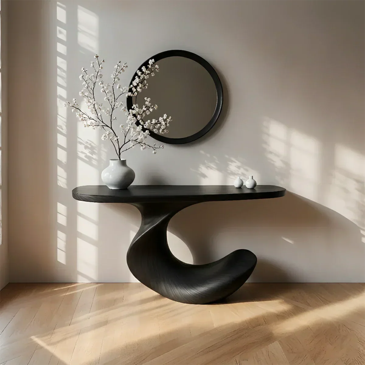 Natural Solid Wood Curved Sculptural Console in Modern Flow Design - Rustiracraft