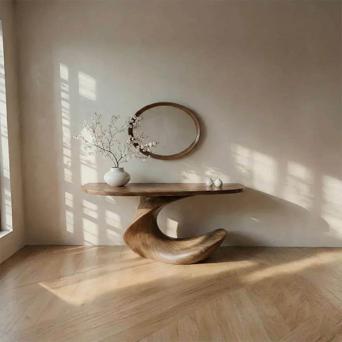 Natural Solid Wood Curved Sculptural Console in Modern Flow Design - Rustiracraft