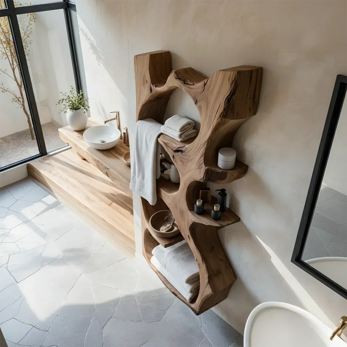 Natural Solid Wood Floating Bathroom Shelf — Sculpted Live Edge - Rustiracraft