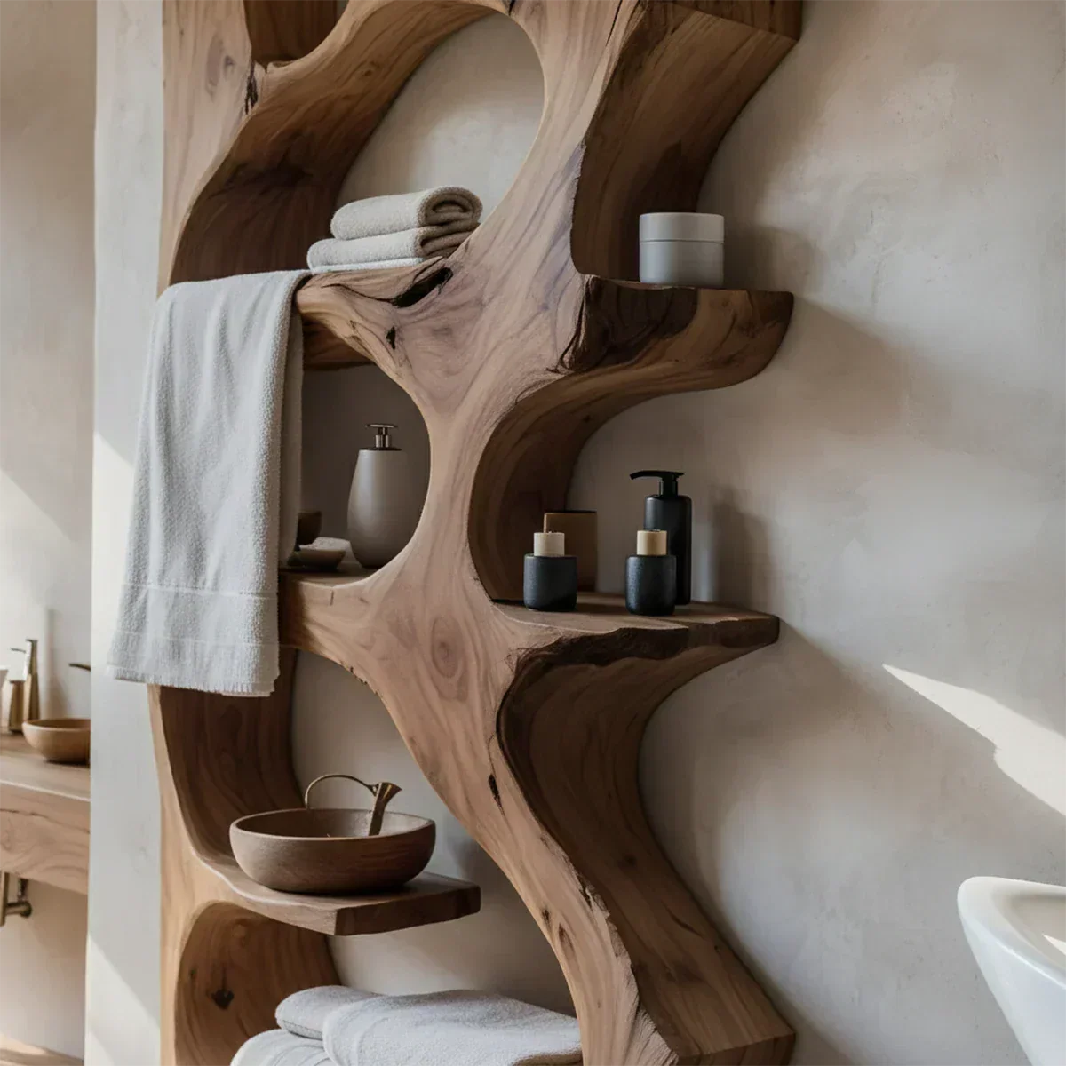 Natural Solid Wood Floating Bathroom Shelf — Sculpted Live Edge - Rustiracraft