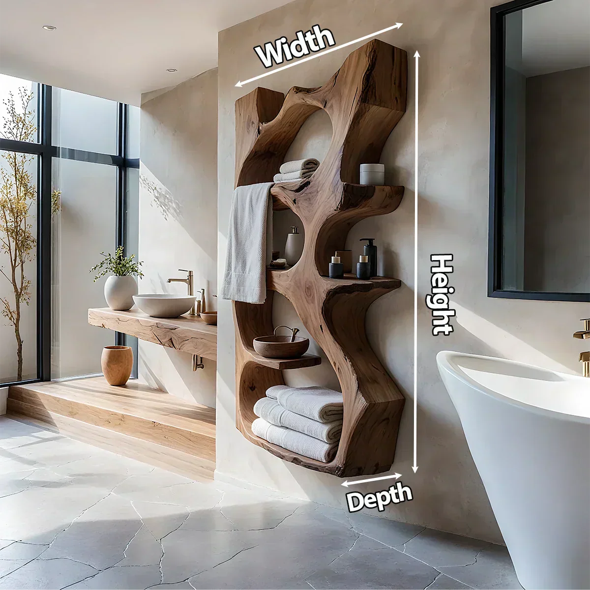 Natural Solid Wood Floating Bathroom Shelf — Sculpted Live Edge - Rustiracraft