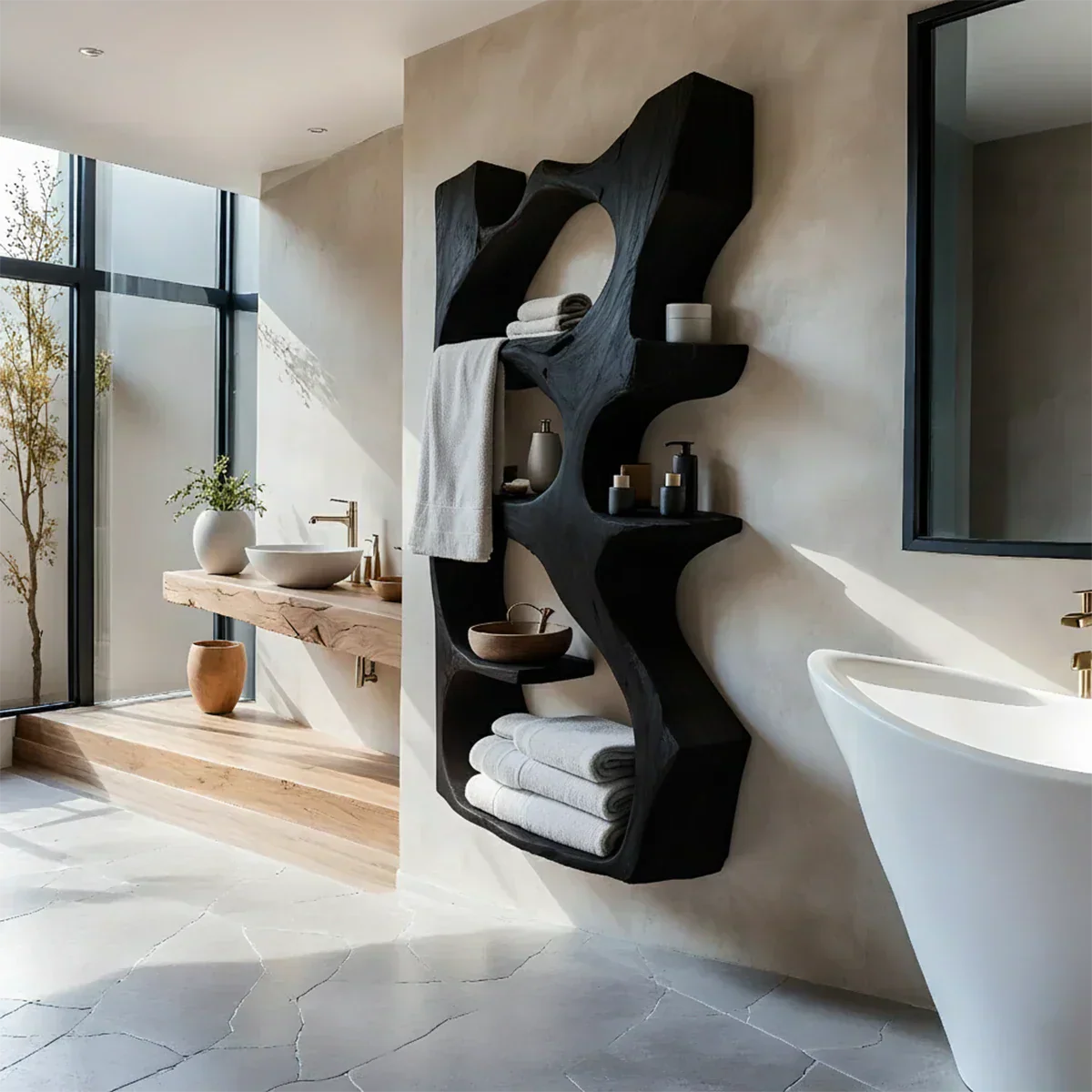 Natural Solid Wood Floating Bathroom Shelf — Sculpted Live Edge - Rustiracraft