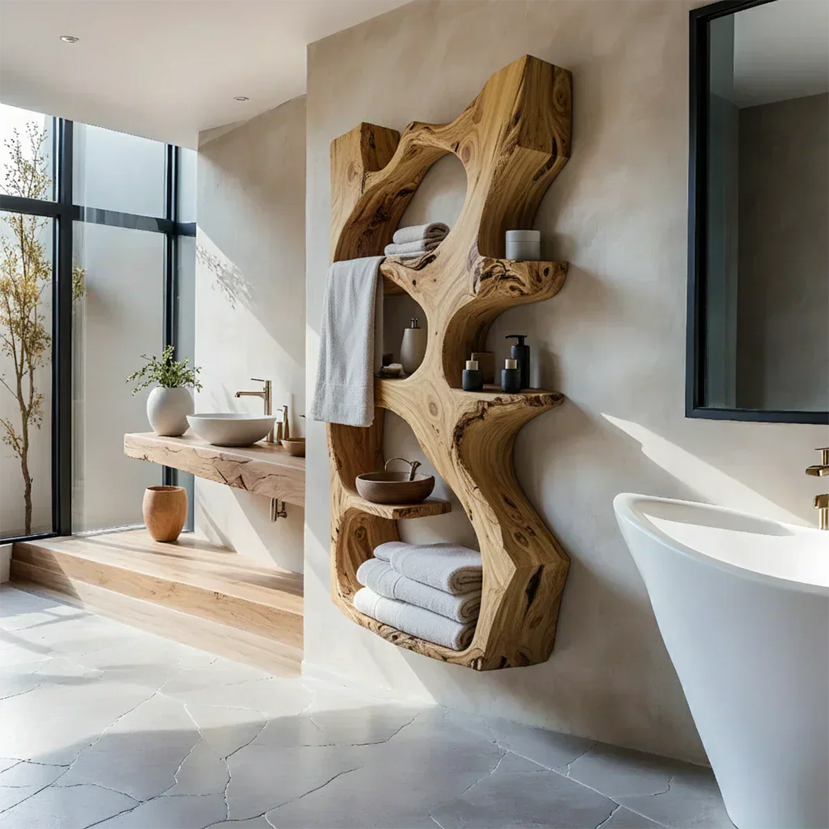 Natural Solid Wood Floating Bathroom Shelf — Sculpted Live Edge - Rustiracraft