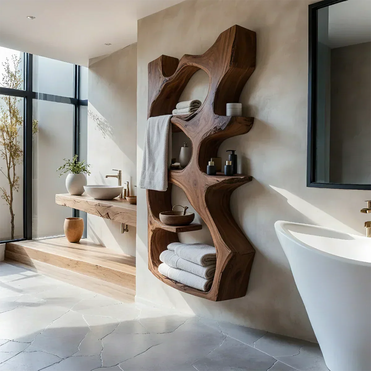 Natural Solid Wood Floating Bathroom Shelf — Sculpted Live Edge - Rustiracraft