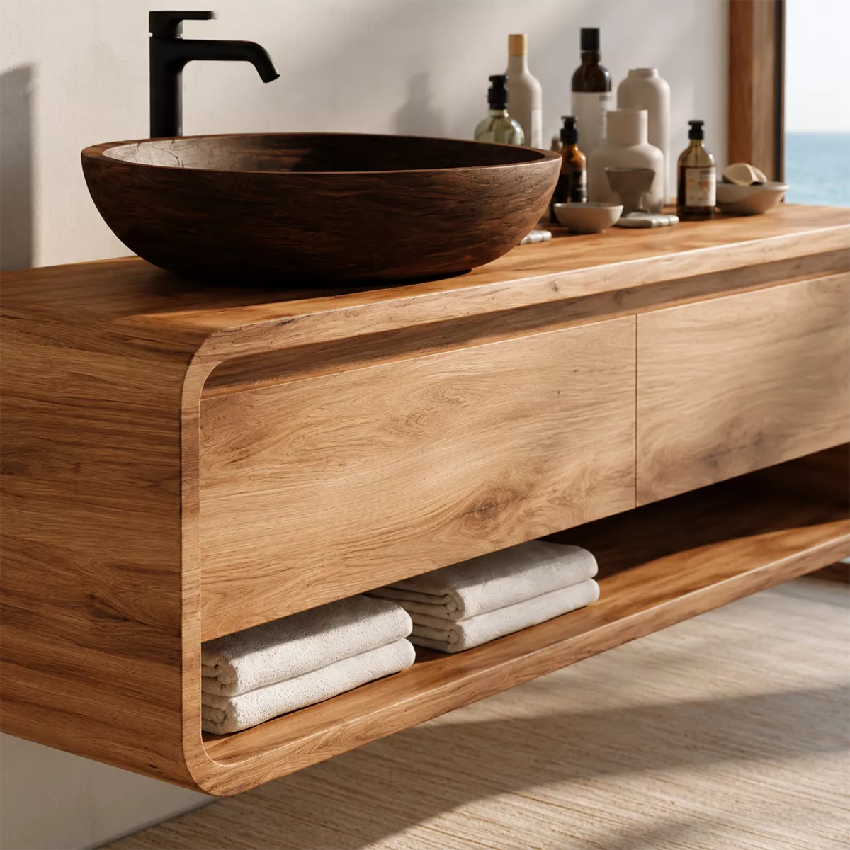 Natural Solid Wood Floating Vanity with Curved Drawers and Open Shelf Modern - Rustiracraft