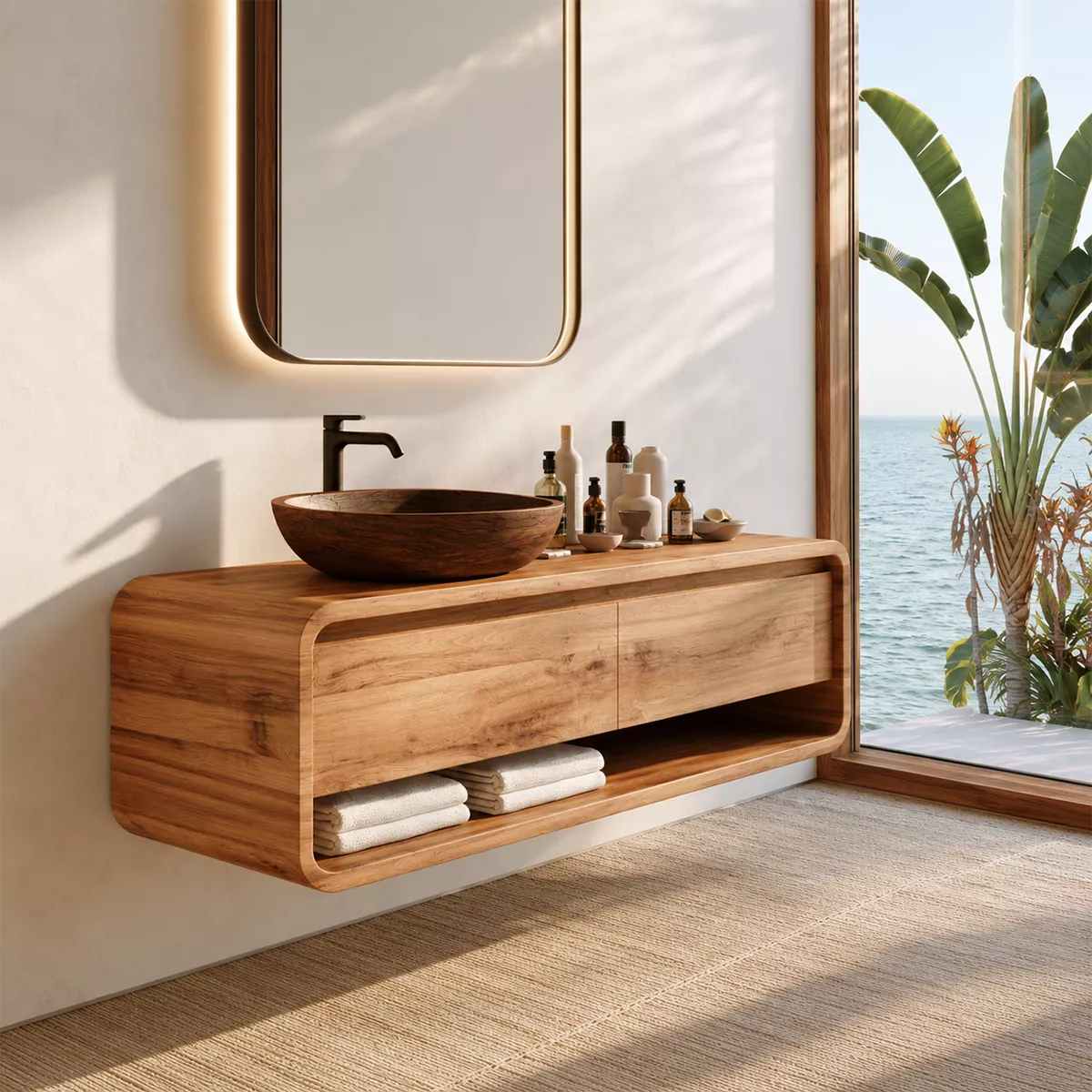 Natural Solid Wood Floating Vanity with Curved Drawers and Open Shelf Modern - Rustiracraft