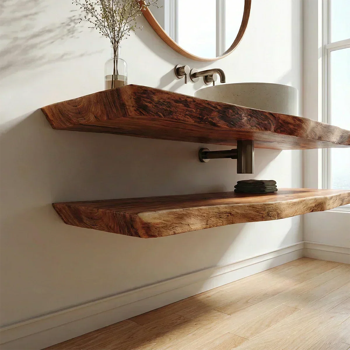 Natural Solid Wood Japandi Floating Bathroom Vanity Shelf - Rustiracraft