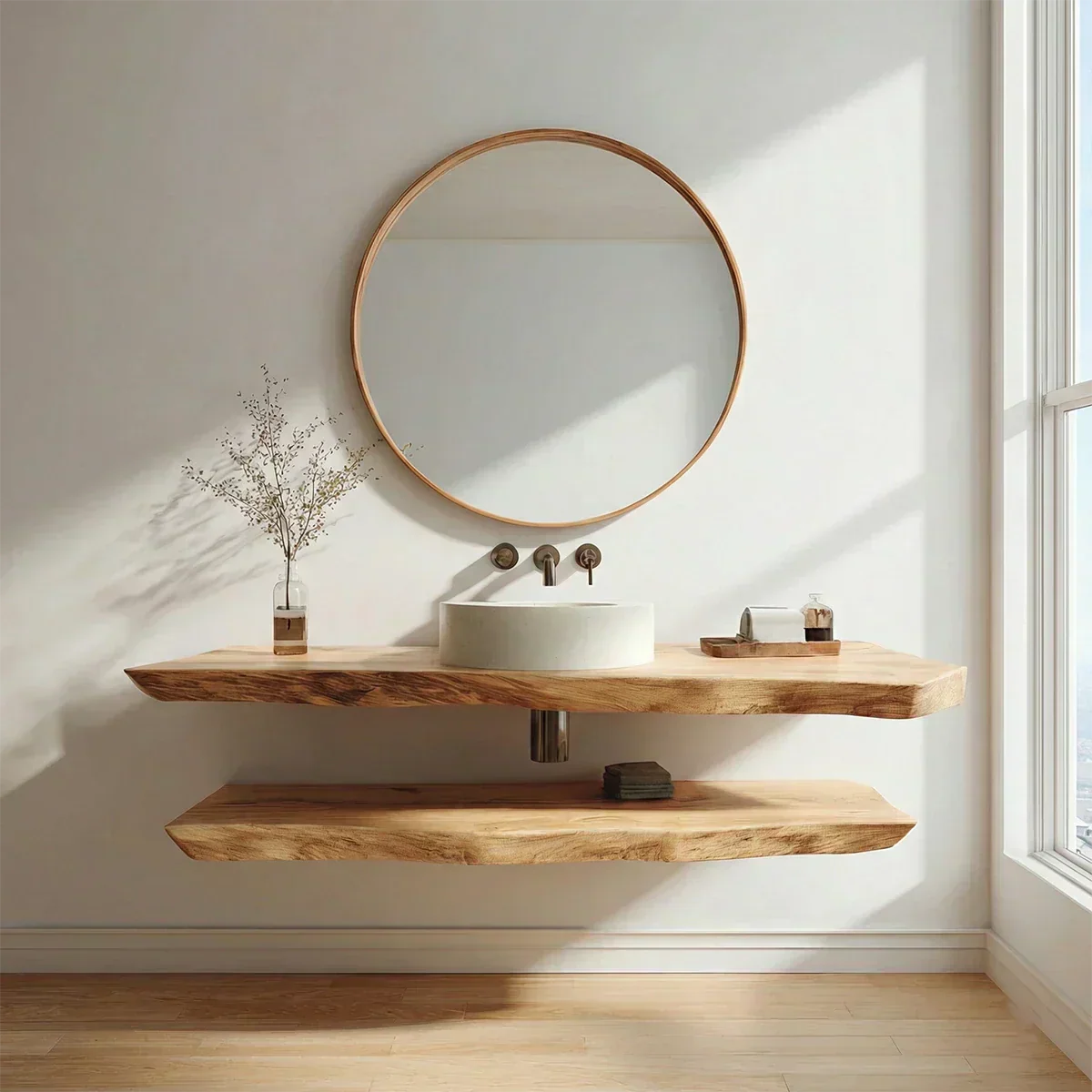 Natural Solid Wood Japandi Floating Bathroom Vanity Shelf - Rustiracraft