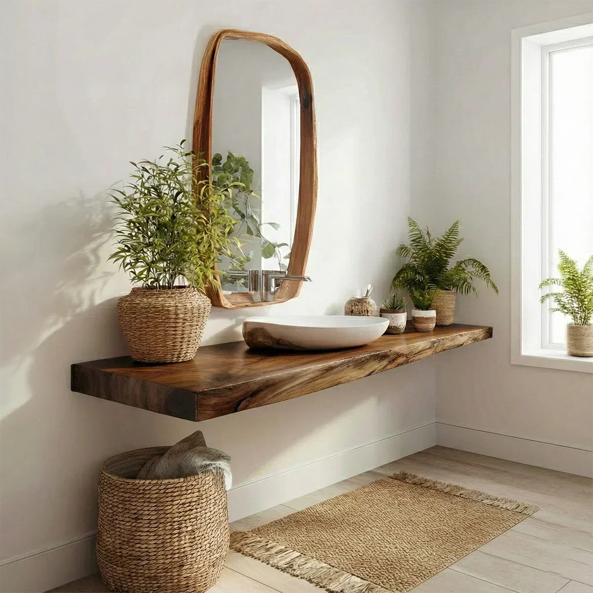 Natural Solid Wood Japandi Floating Vanity Shelf - Rustiracraft