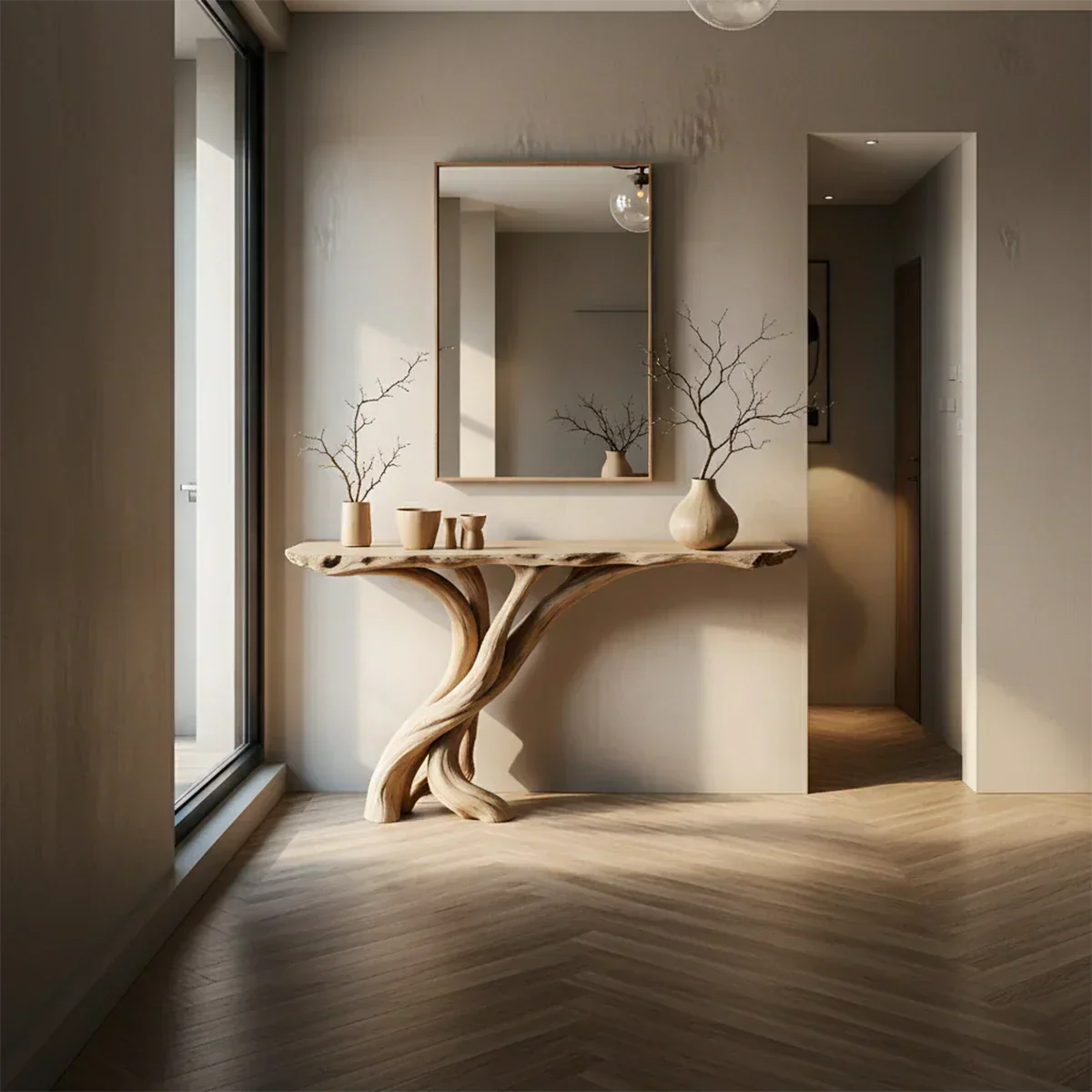 Natural Solid Wood Japandi Twisted-Root Console Table - Rustiracraft
