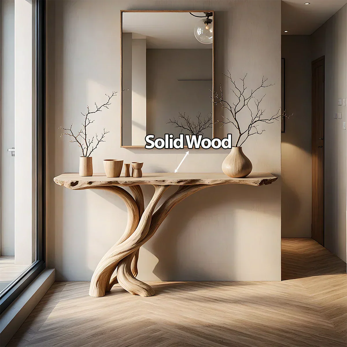 Natural Solid Wood Japandi Twisted-Root Console Table - Rustiracraft