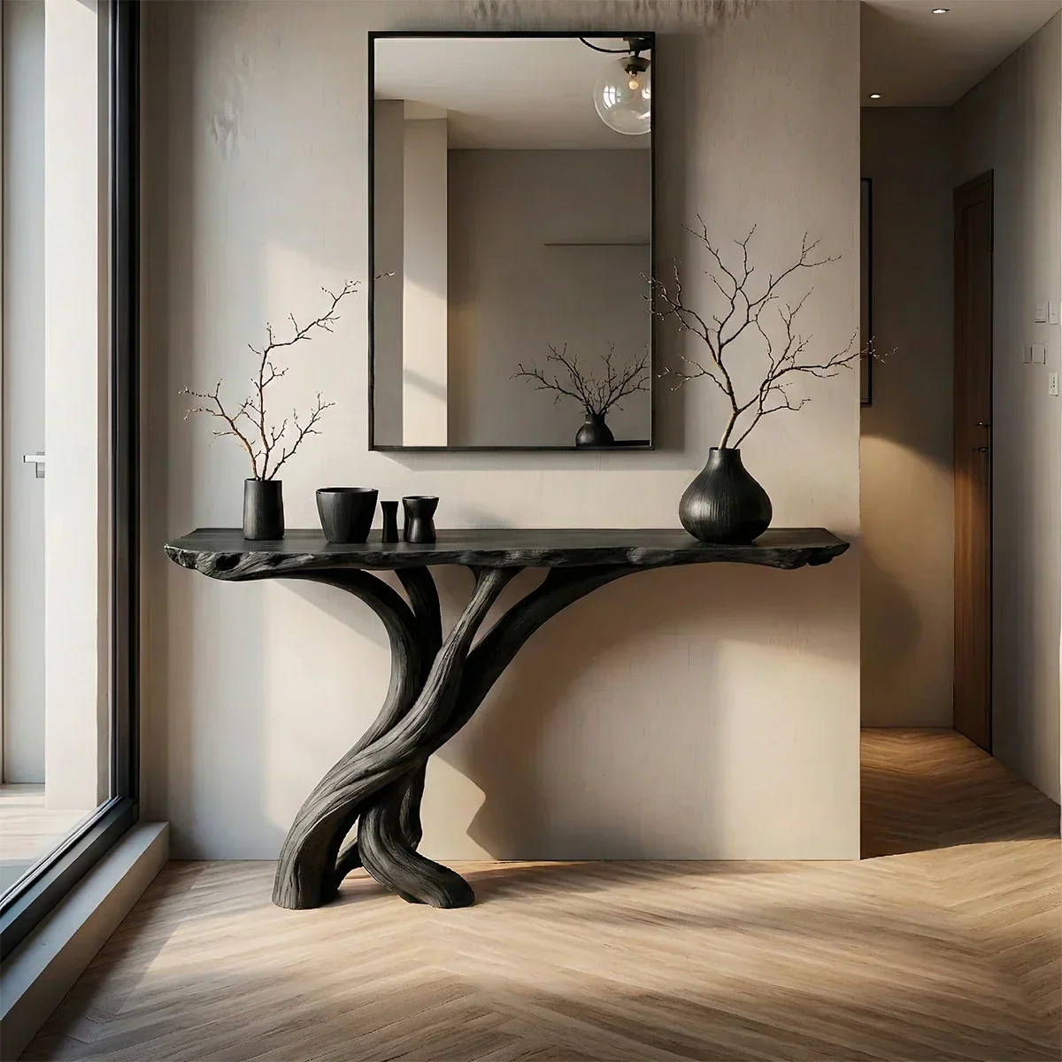 Natural Solid Wood Japandi Twisted-Root Console Table - Rustiracraft