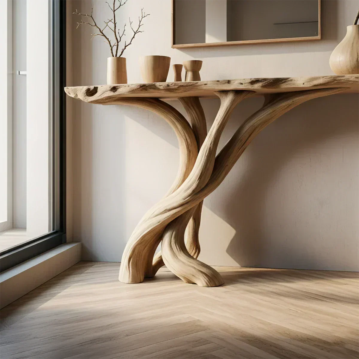 Natural Solid Wood Japandi Twisted-Root Console Table - Rustiracraft