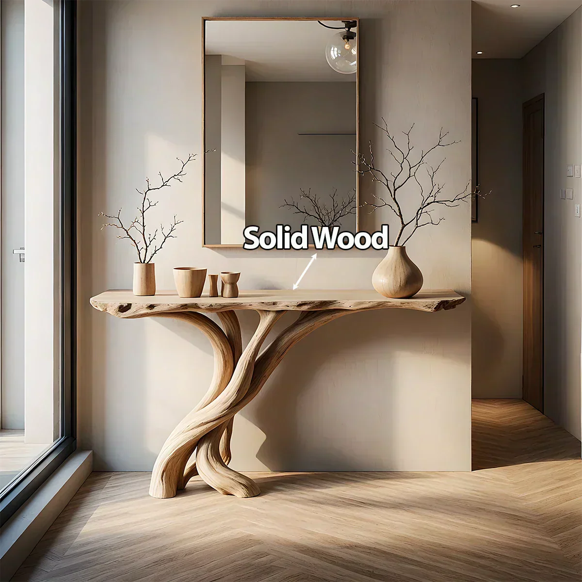 Natural Solid Wood Japandi Twisted-Root Console Table - Rustiracraft
