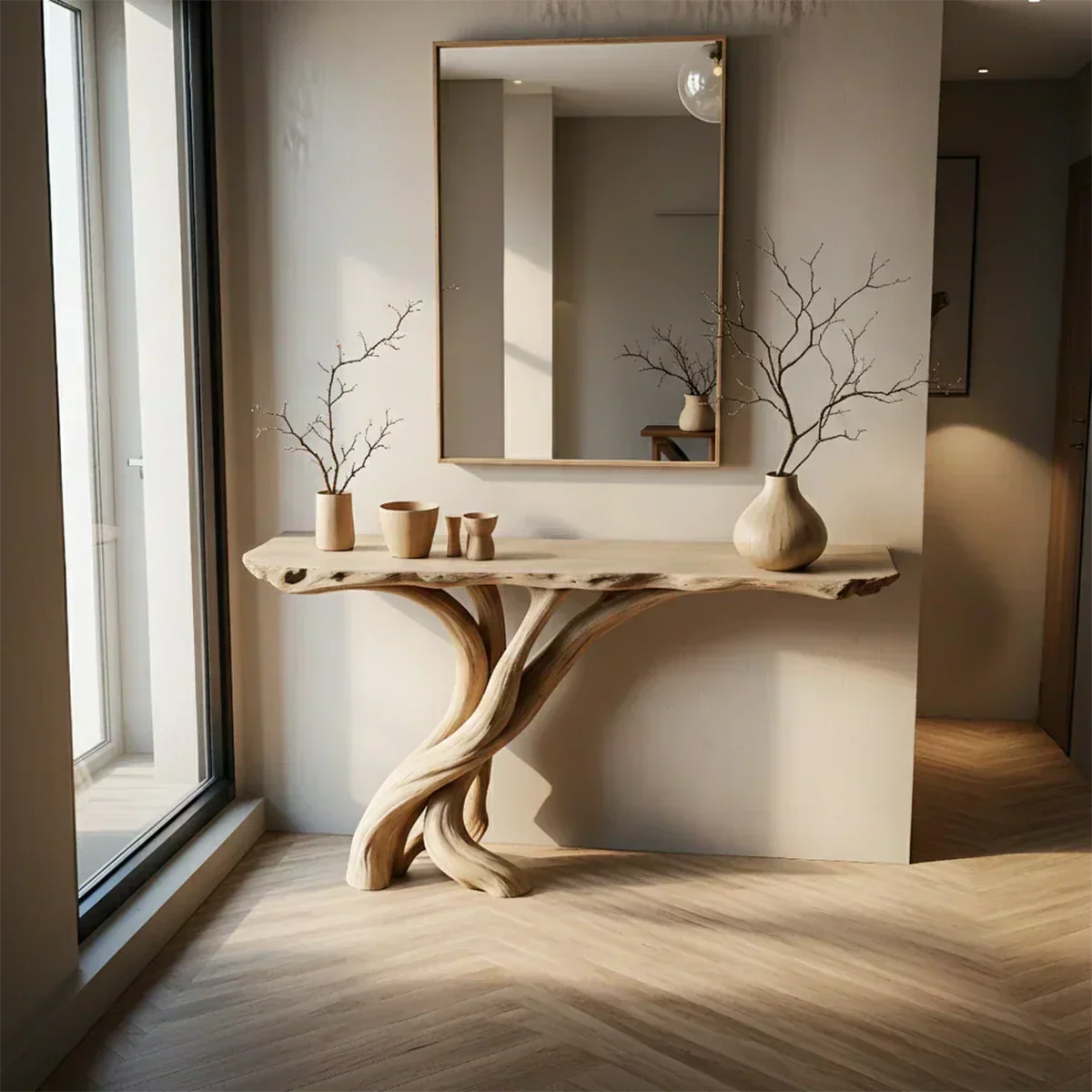 Natural Solid Wood Japandi Twisted-Root Console Table - Rustiracraft