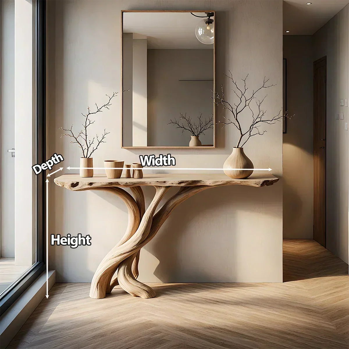 Natural Solid Wood Japandi Twisted-Root Console Table - Rustiracraft